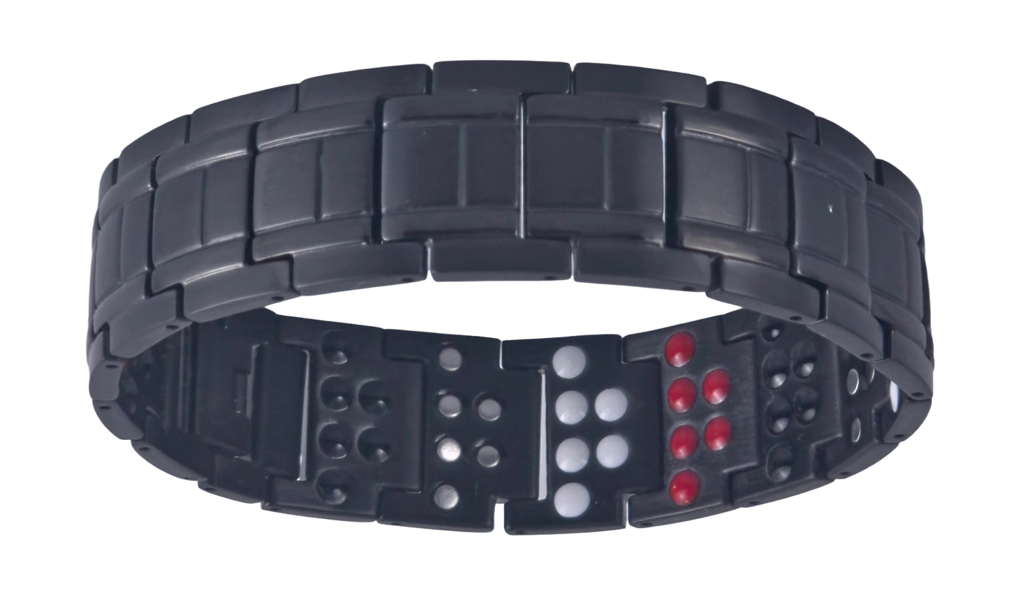 Men's black snake link magnetic bio-health bracelet upside down showing the clasp and energy stones