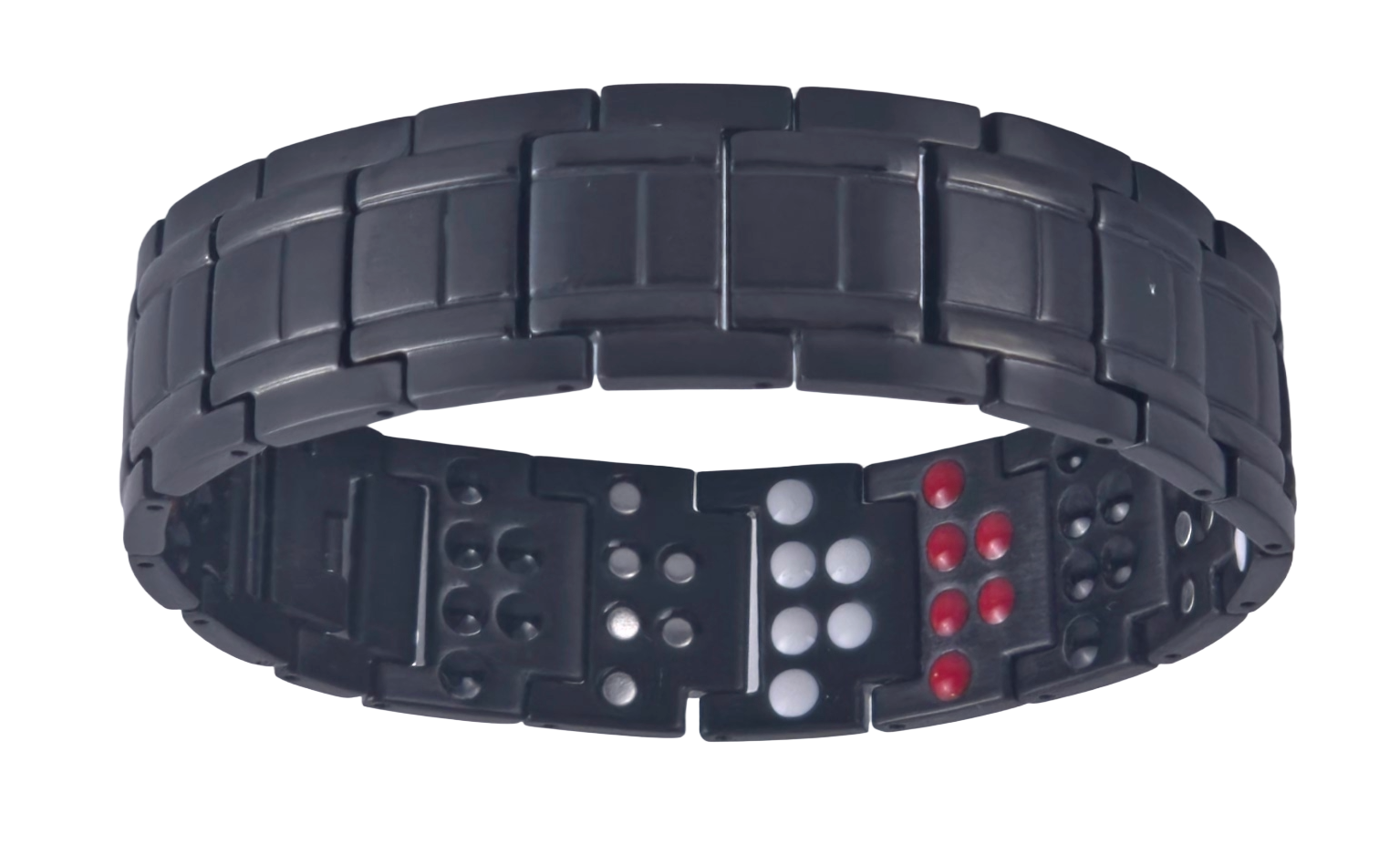 Men's black snake link magnetic bio-health bracelet upside down showing the clasp and energy stones