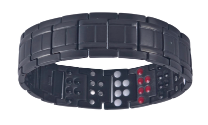 Men's black snake link magnetic bio-health bracelet upside down showing the clasp and energy stones