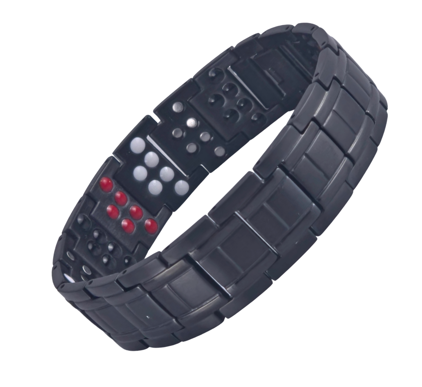 Men's black snake link magnetic bio-health bracelet angled showing the clasp and energy stones