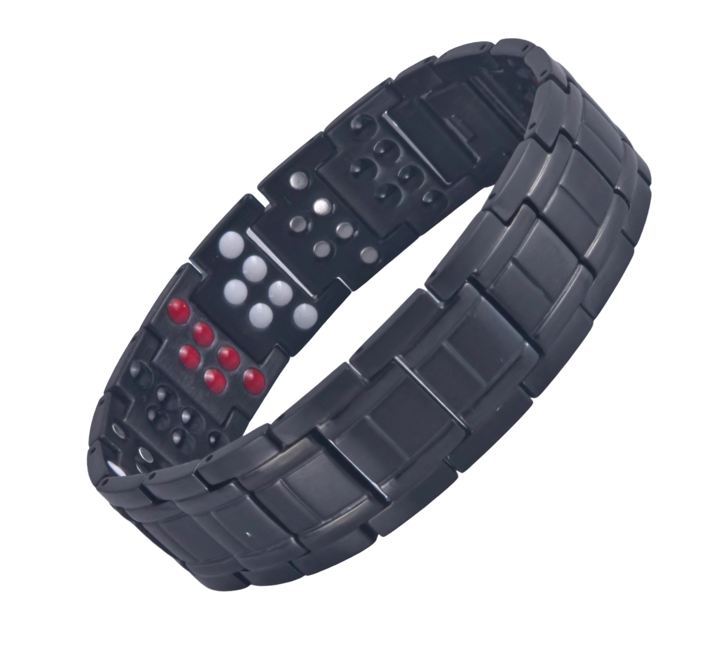 Men's black snake link magnetic bio-health bracelet angled showing the clasp and energy stones