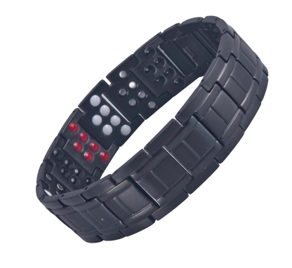 Men's black snake link magnetic bio-health bracelet angled showing the clasp and energy stones