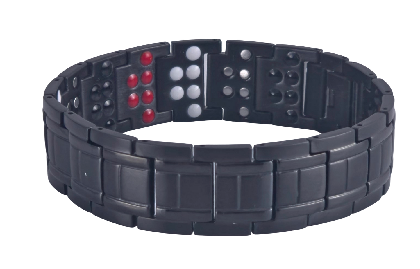Men's black snake link magnetic bio-health bracelet flat showing the clasp and energy stones