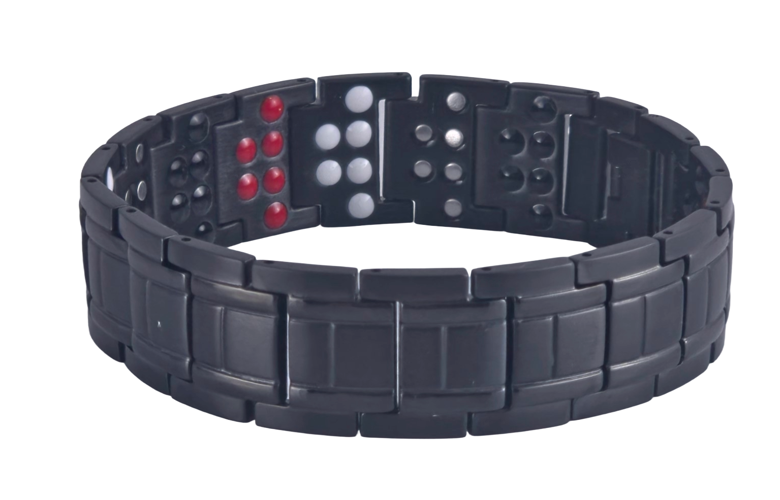 Men's black snake link magnetic bio-health bracelet flat showing the clasp and energy stones