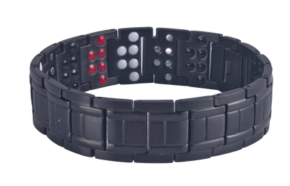 Men's black snake link magnetic bio-health bracelet flat showing the clasp and energy stones