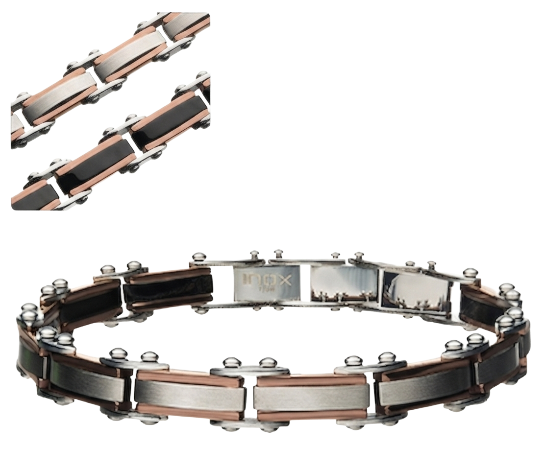 Close-up view of the INOX men's reversible black and rose gold IP stainless steel bracelet showing both dual-sided finishes.