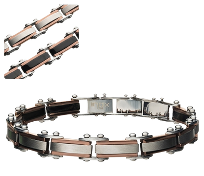 Close-up view of the INOX men's reversible black and rose gold IP stainless steel bracelet showing both dual-sided finishes.