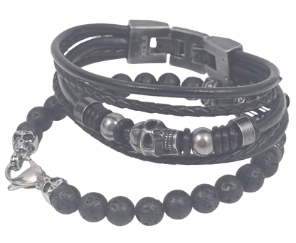 Two-Part Skull & Lava Stone Multi-Strand Leather Bracelet Set