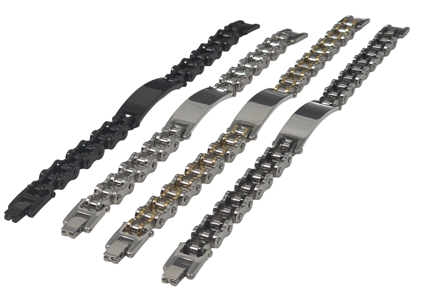 Four stainless steel bicycle chain ID bracelets for men in gunmetal black, polished silver, two-tone gold, and black accent finishes, angled picture.