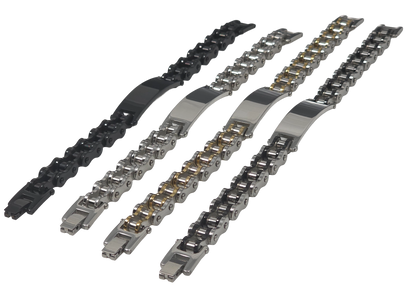 Four stainless steel bicycle chain ID bracelets for men in gunmetal black, polished silver, two-tone gold, and black accent finishes, angled picture.