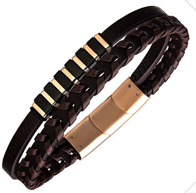 ASC MAGNETIX men's brown braided leather bracelet with rose gold magnetic clasp and black gold steel bars
