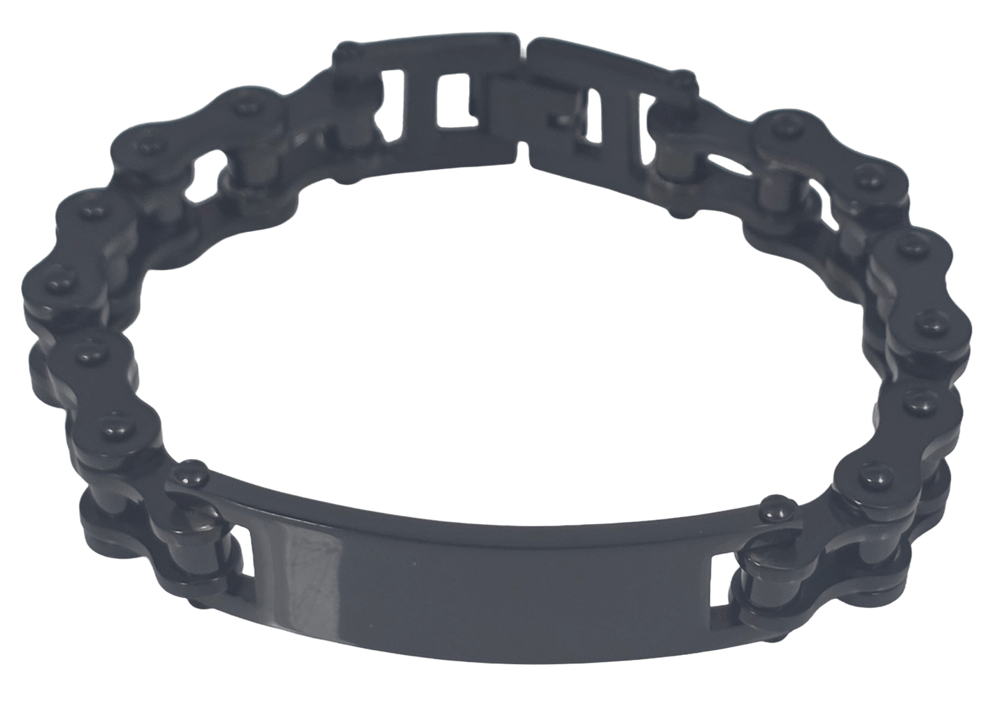 Black stainless steel bicycle chain ID bracelets for men in gunmetal black, polished finishes without extra link.