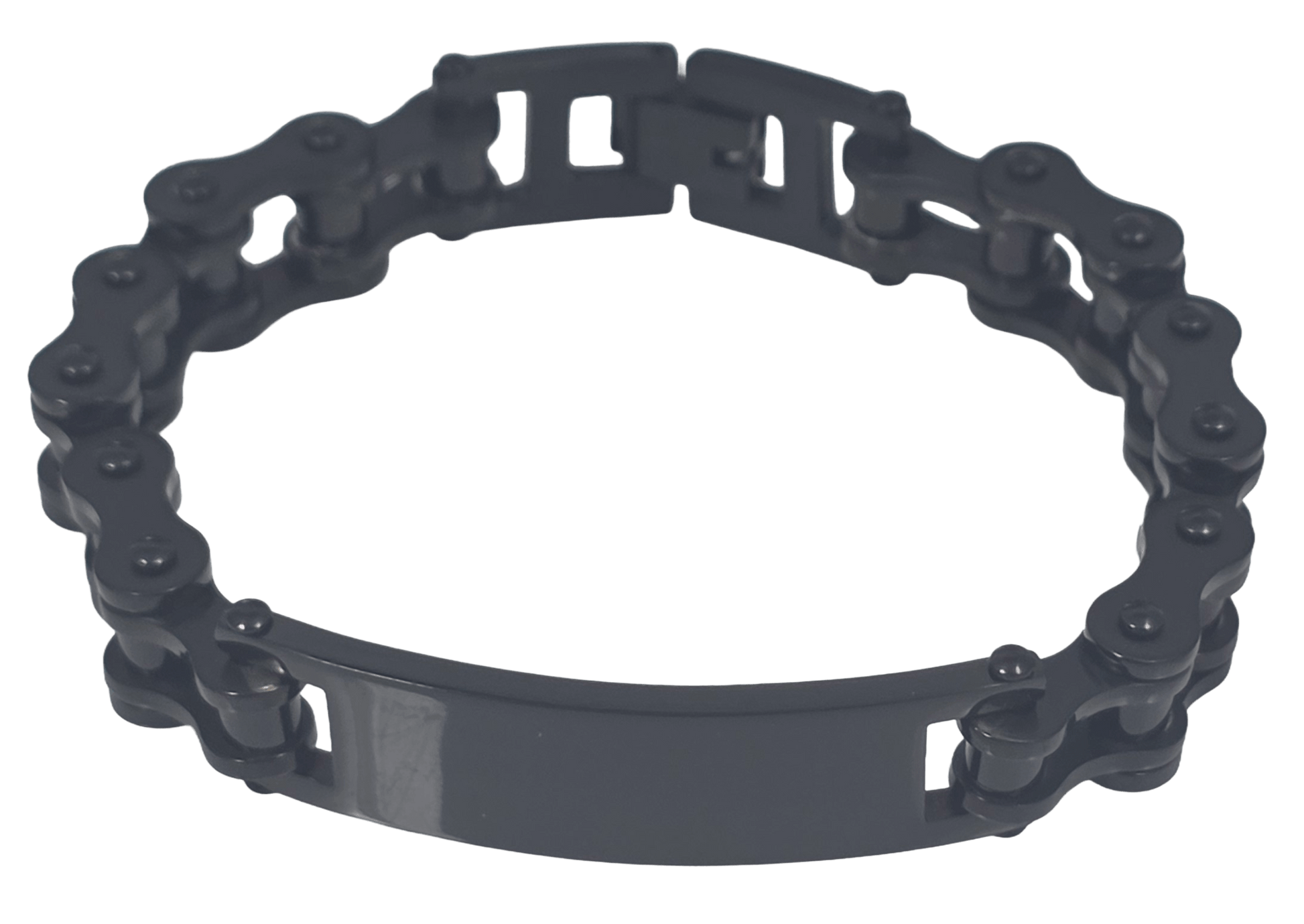 Black stainless steel bicycle chain ID bracelets for men in gunmetal black, polished finishes without extra link.