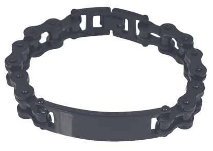Black stainless steel bicycle chain ID bracelets for men in gunmetal black, polished finishes without extra link.
