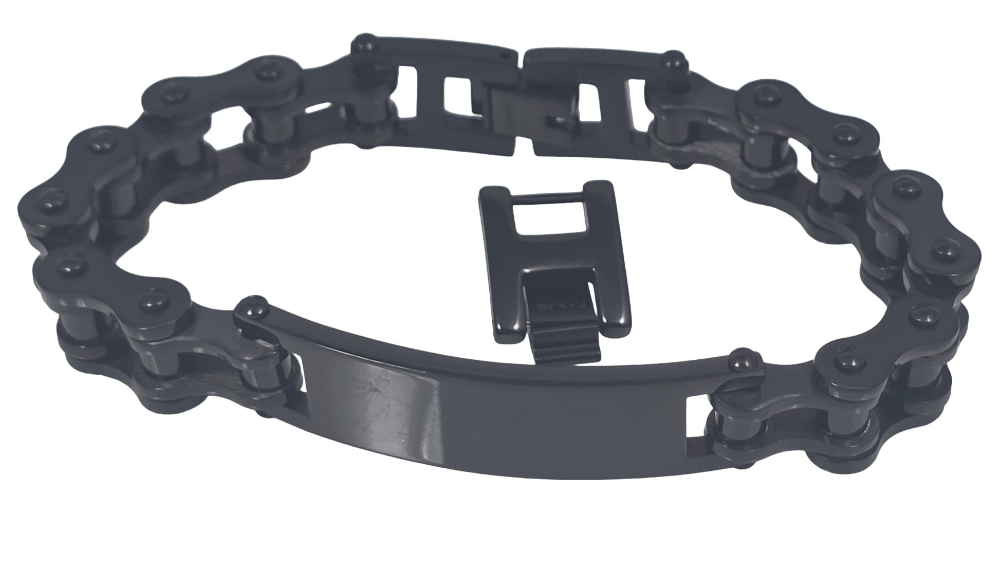 Black stainless steel bicycle chain ID bracelets for men in gunmetal black, polished finishes.