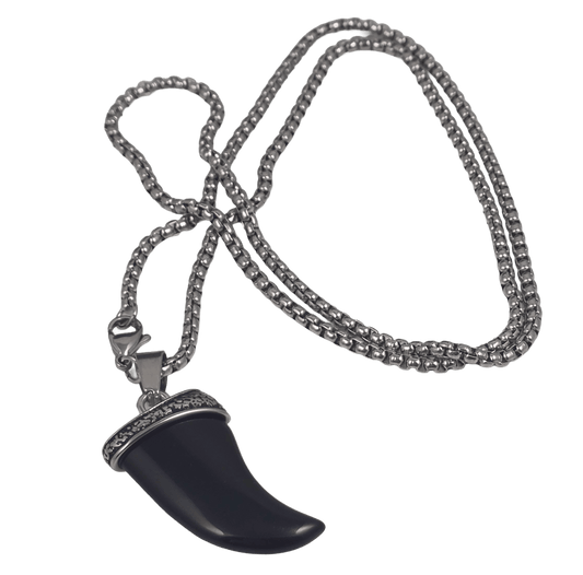 Natural stone black shark tooth pendant necklace with a detailed metal cap and chain against a dark background