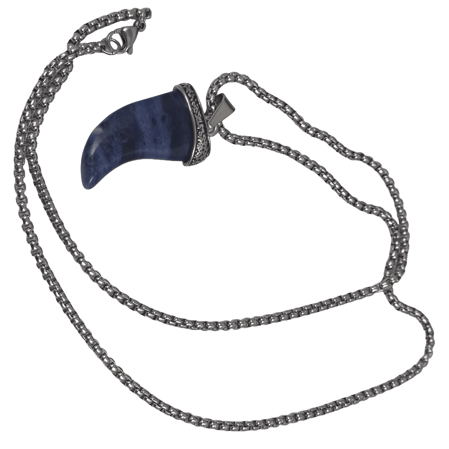 Natural stone blue shark tooth pendant necklace with a detailed metal cap and chain against a dark background