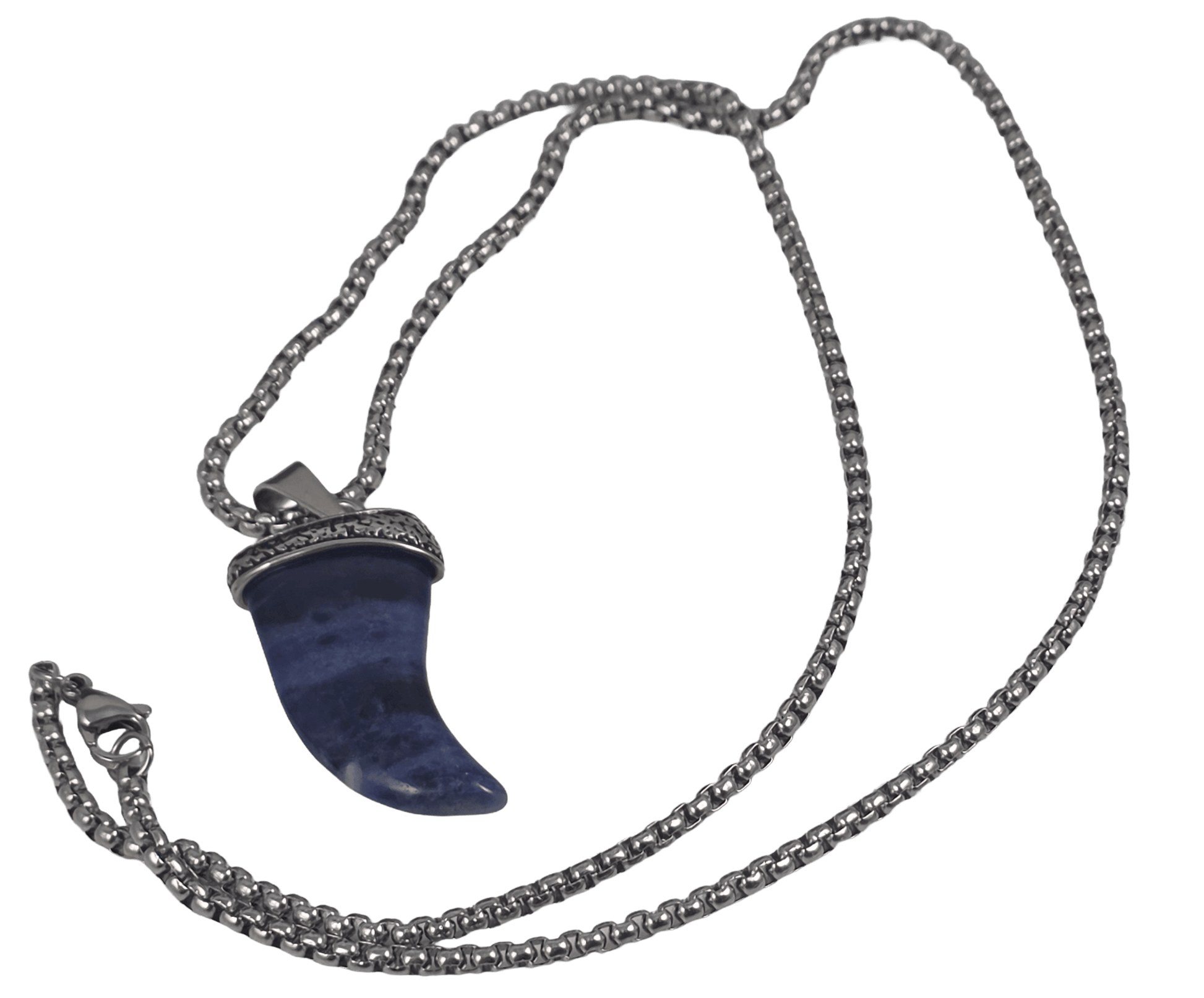 Natural stone blue shark tooth pendant necklace with a detailed metal cap and chain against a dark background angled.