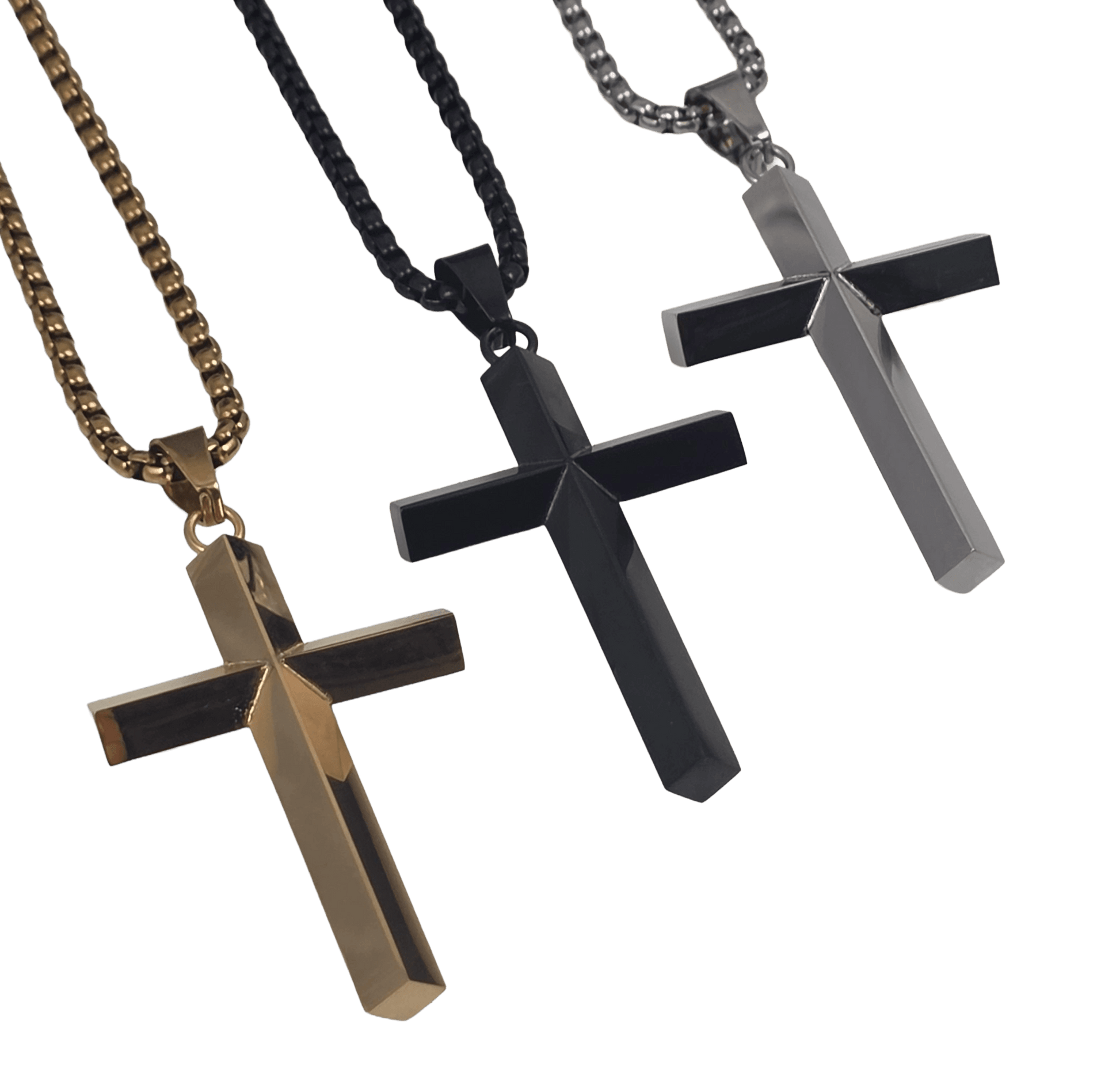 Three stainless steel cross pendants angle view available in gold-silver and classic silver with a clean, high-polish mirror finish on a matching  box chain against a black background.