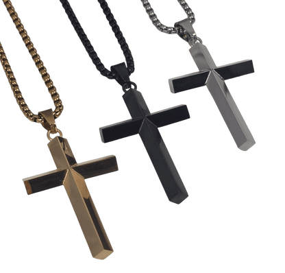 Three stainless steel cross pendants angle view available in gold-silver and classic silver with a clean, high-polish mirror finish on a matching  box chain against a black background.