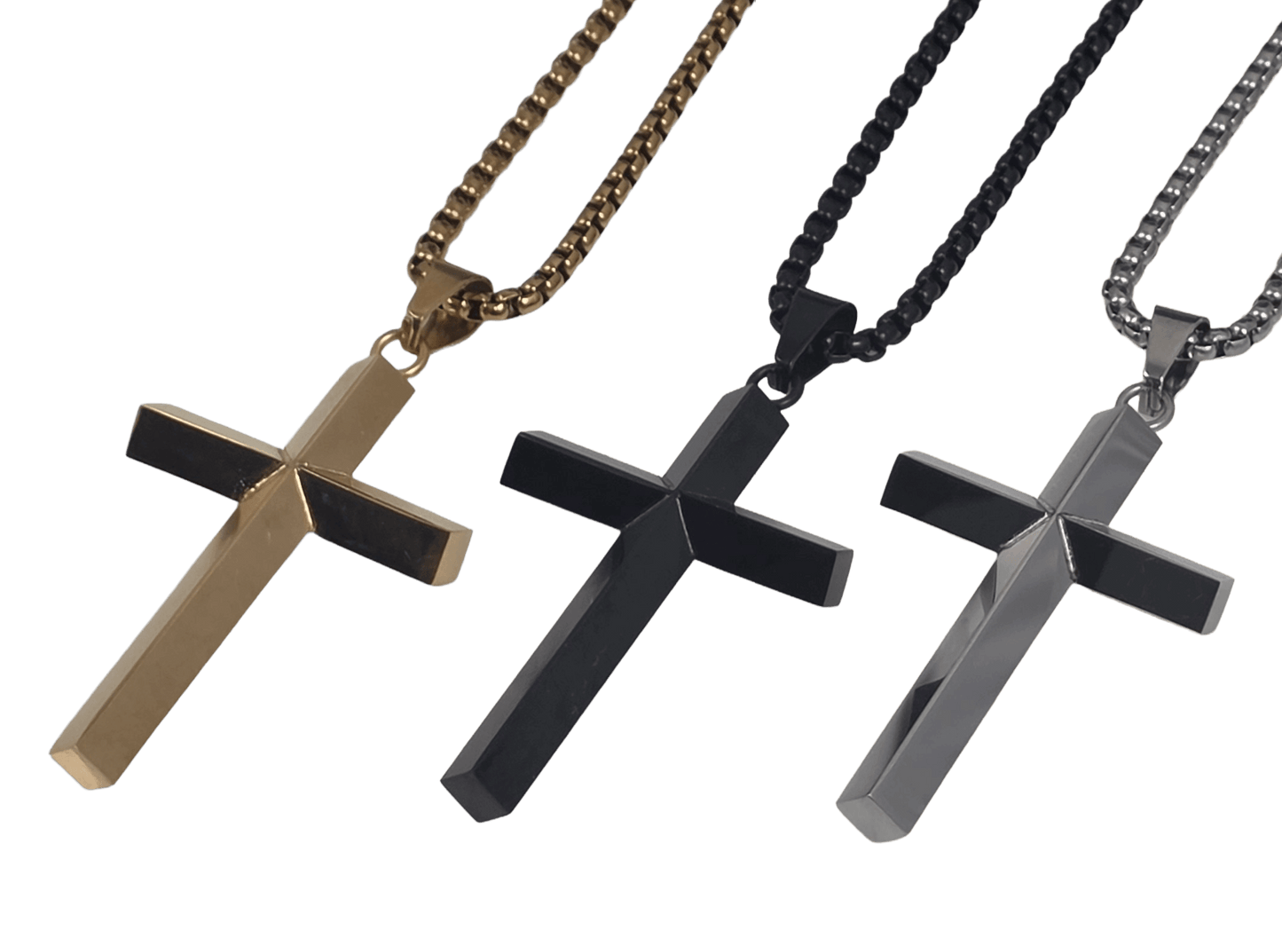 Three stainless steel cross pendants angle view available in gold-silver and classic silver with a clean, high-polish mirror finish on a matching  box chain against a black background angle view.