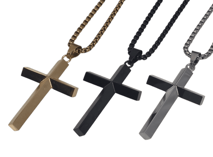 Three stainless steel cross pendants angle view available in gold-silver and classic silver with a clean, high-polish mirror finish on a matching  box chain against a black background angle view.