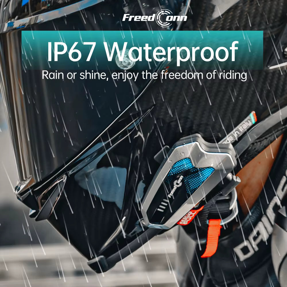 FreedConn Hero IP67 waterproof motorcycle communication unit showing sealed rubber buttons in rain conditions