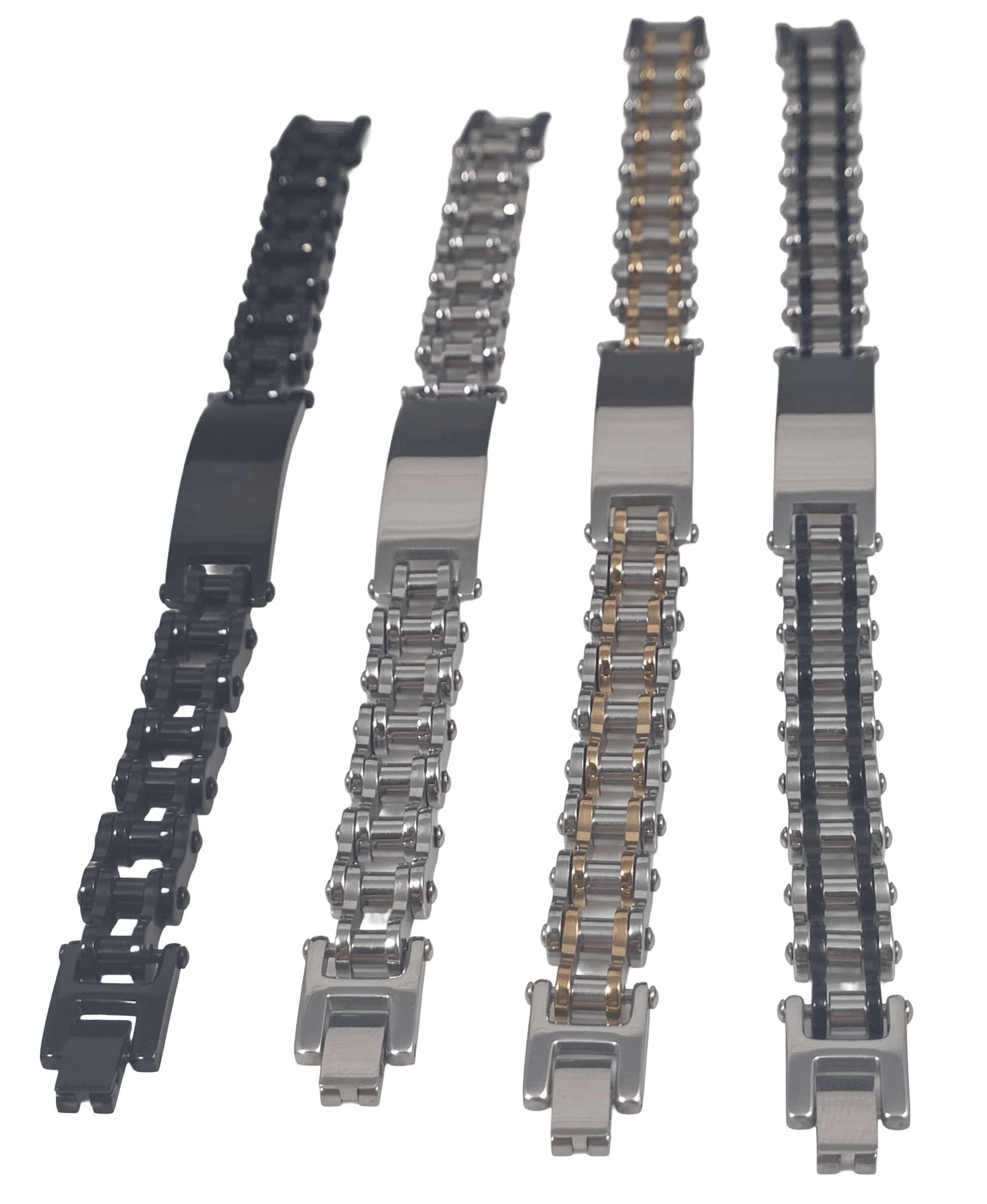 Four stainless steel bicycle chain ID bracelets for men in gunmetal black, polished silver, two-tone gold, and black accent finishes, straight picture.