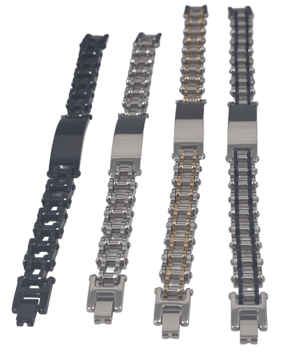 Four stainless steel bicycle chain ID bracelets for men in gunmetal black, polished silver, two-tone gold, and black accent finishes, straight picture.