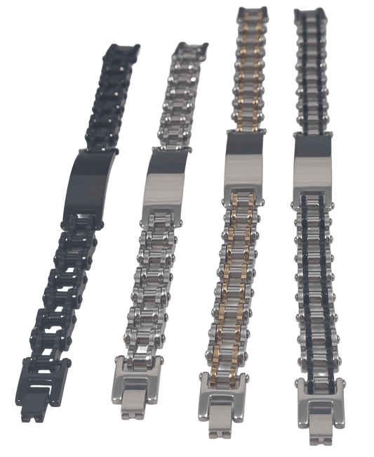 Four stainless steel bicycle chain ID bracelets for men in gunmetal black, polished silver, two-tone gold, and black accent finishes, straight picture.