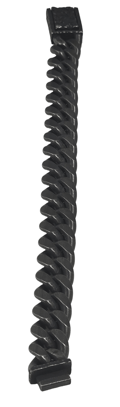 Heavy-duty black Cuban link chain bracelet featuring an engraved push-release clasp heroview