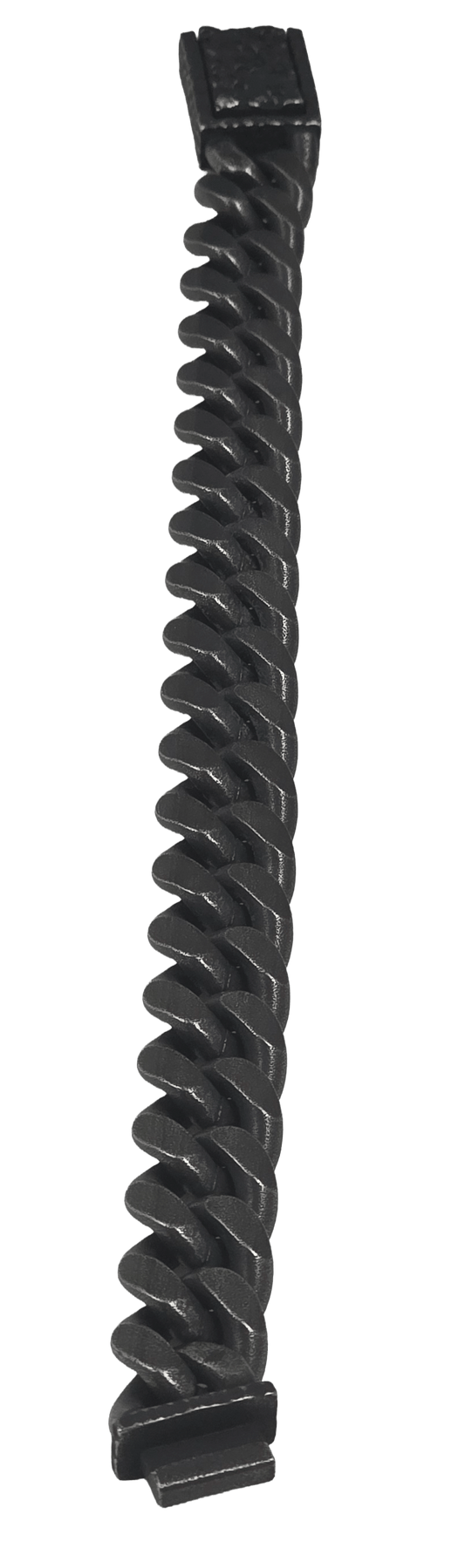 Heavy-duty black Cuban link chain bracelet featuring an engraved push-release clasp heroview