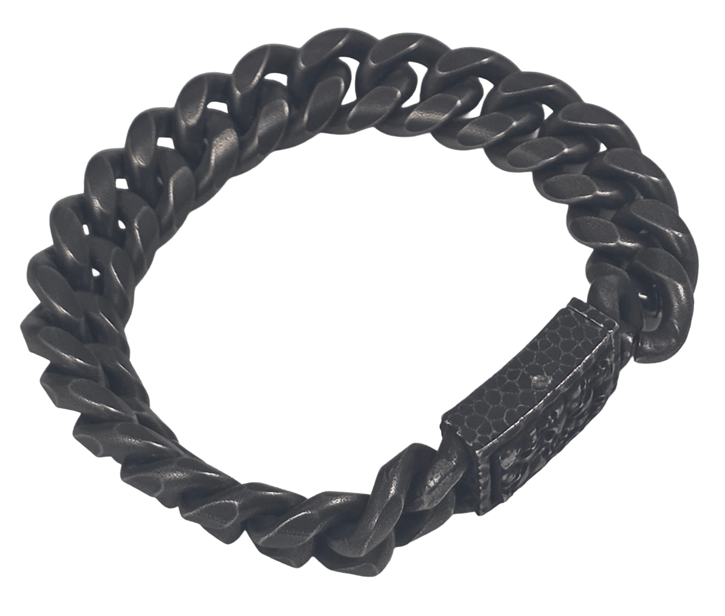 Heavy-duty black Cuban link chain bracelet featuring an engraved push-release clasp side view