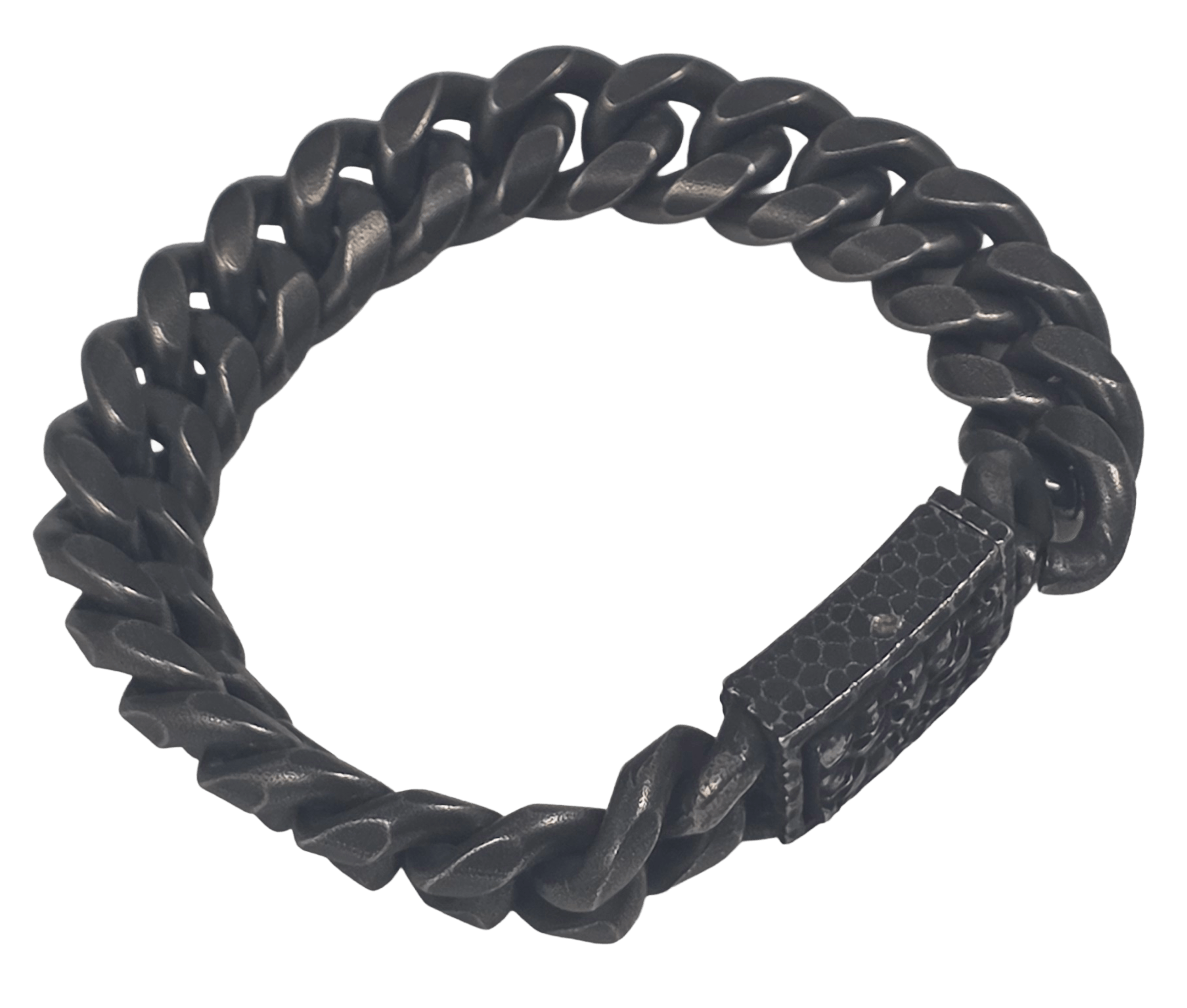 Heavy-duty black Cuban link chain bracelet featuring an engraved push-release clasp side view