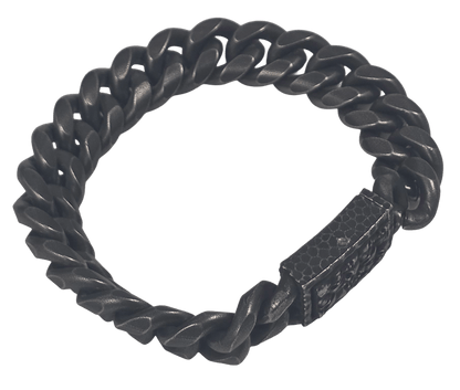Heavy-duty black Cuban link chain bracelet featuring an engraved push-release clasp side view