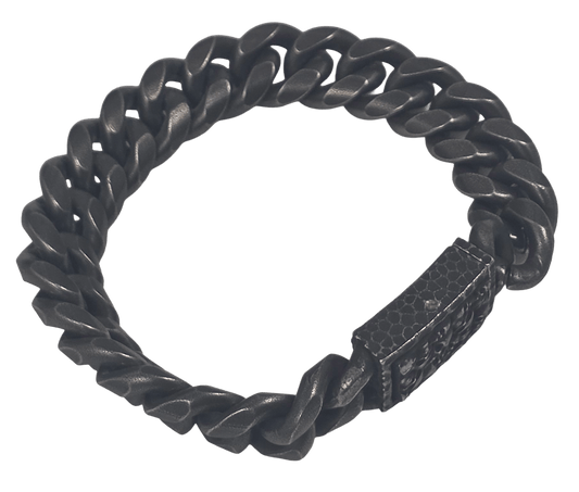 Heavy-duty black Cuban link chain bracelet featuring an engraved push-release clasp side view
