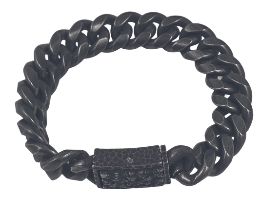 Heavy-duty black Cuban link chain bracelet featuring an engraved push-release clasp