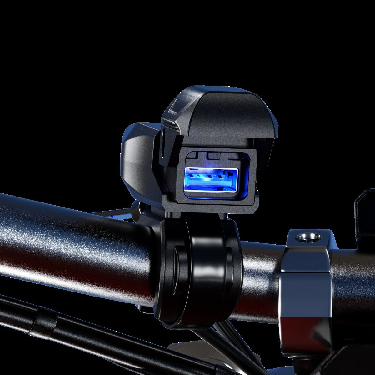 Close view of KWG‑B10A QC3.0 USB charging port mounted on motorcycle handlebar; weather‑resistant housing and LED status indicator.