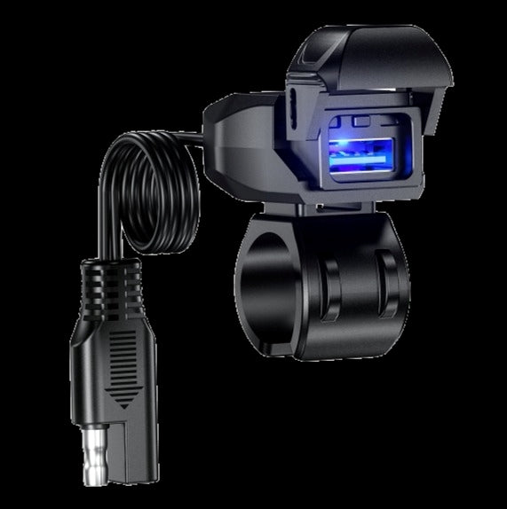 KWG‑B10A weather‑resistant USB KWG‑B10A USB handlebar charger mount — QC3.0 18W, direct‑to‑battery cable — ASC Magnetix