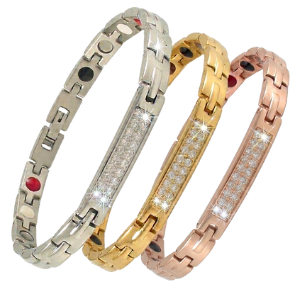 Three luxury women's magnetic bio-health link bracelets shown together in silver, gold, and rose gold finishes, featuring central rows of accent crystals and secure clasps.