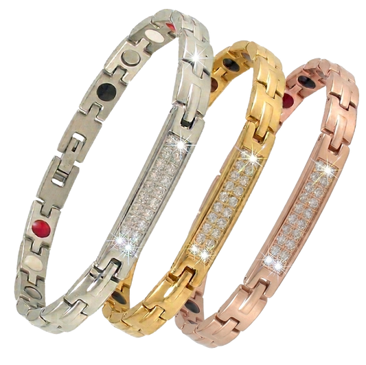 Three luxury women's magnetic bio-health link bracelets shown together in silver, gold, and rose gold finishes, featuring central rows of accent crystals and secure clasps.