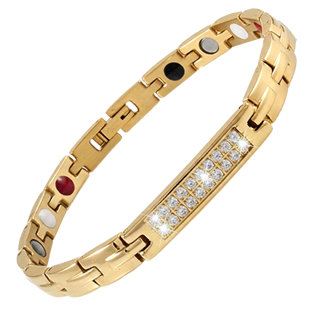 Women's gold-plated stainless steel link magnetic bio-health bracelet featuring a central row of small accent crystals and secure clasp.