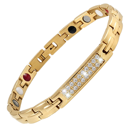 Women's gold-plated stainless steel link magnetic bio-health bracelet featuring a central row of small accent crystals and secure clasp.
