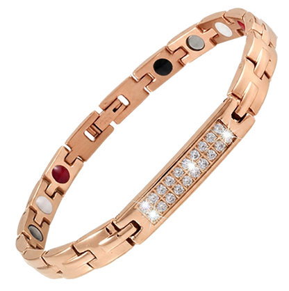 Women's rose gold-plated stainless steel link magnetic bio-health bracelet featuring a central row of small accent crystals and secure clasp.