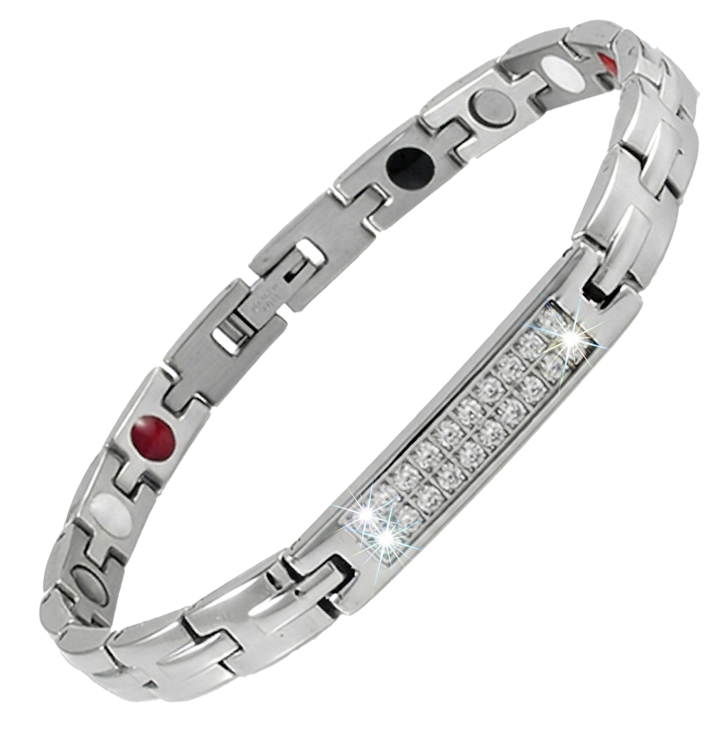 Women's silver stainless steel link magnetic bio-health bracelet featuring a central row of small accent crystals and secure clasp.