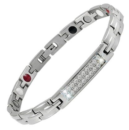 Women's silver stainless steel link magnetic bio-health bracelet featuring a central row of small accent crystals and secure clasp.