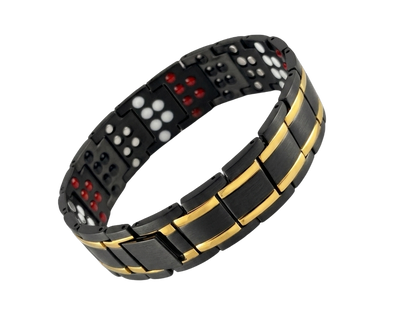Men's black stainless steel magnetic bracelet with gold stripes featuring inner Germanium and Negative Ion therapy inserts