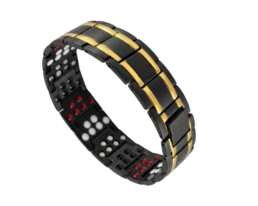 Men's black stainless steel magnetic bracelet with gold stripes featuring inner Germanium and Negative Ion therapy inserts