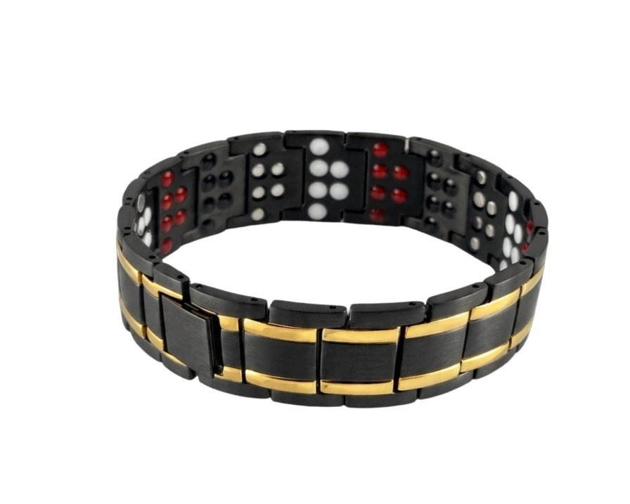 Men's black stainless steel magnetic bracelet with gold stripes featuring inner Germanium and Negative Ion therapy inserts