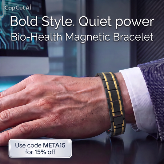 Men's stainless steel magnetic bio-health bracelet in black and gold stripe with Germanium and negative ion therapy elements.